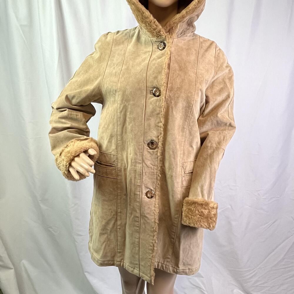 Gallery Coat Womens Xs Brown Leather Hooded Faux Shearling Lined Button Parka View 3